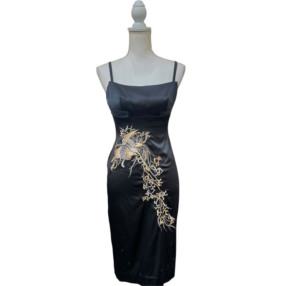 Catherine Malandrino Black Satin Embroidered Cami Dress Size 6 Cocktail Evening